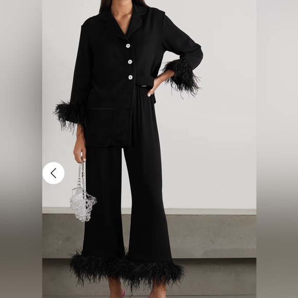 Sleeper NWT Black Tie Pajama Set with Ostrich Feather Accents Sz Small